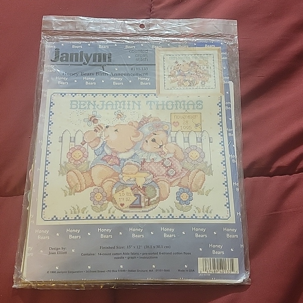 Janlynn Cross Stitch Kit Honey Bears Birth Anouncement,  15" X 12", #140-133